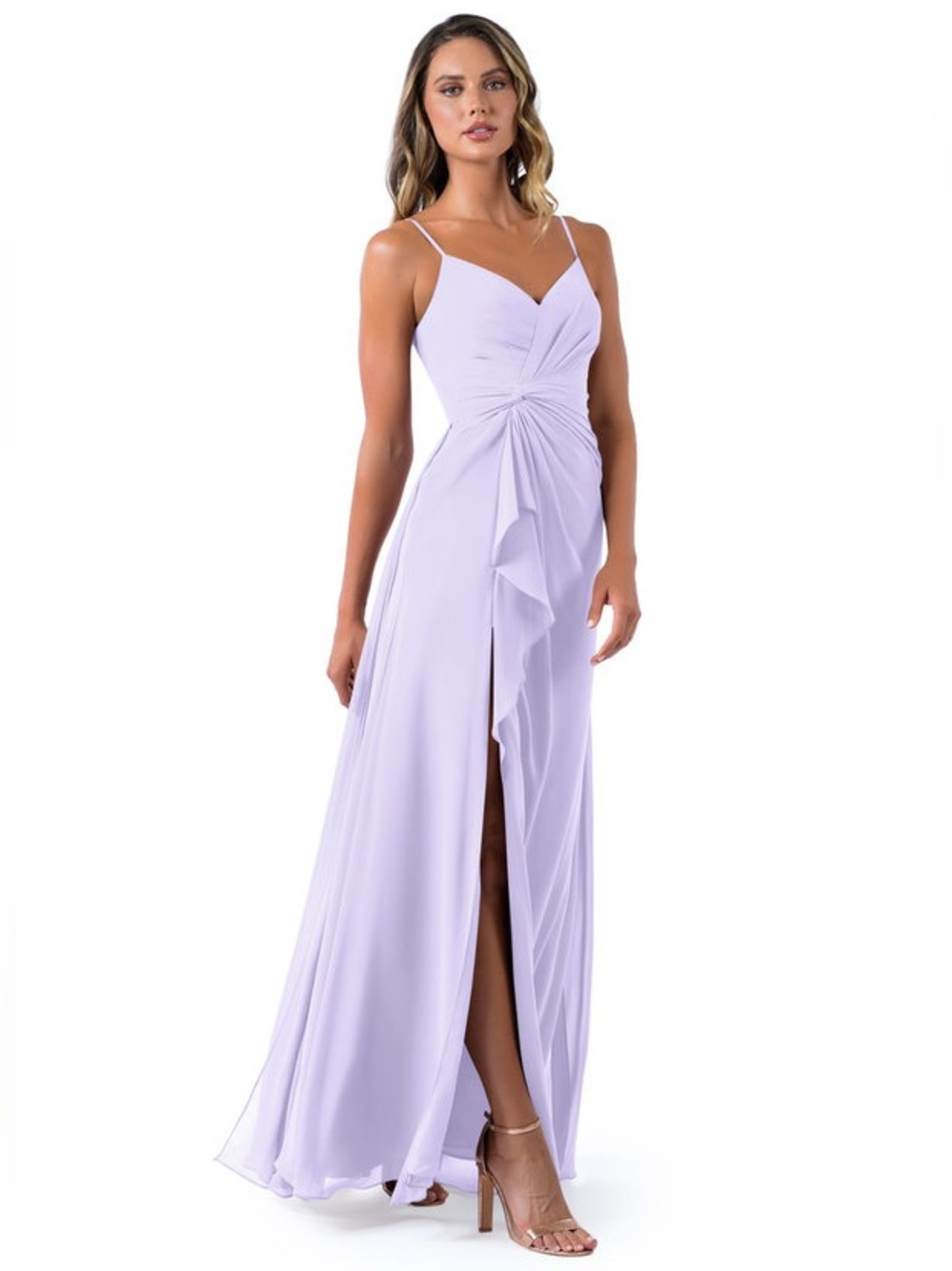 AZAZIE NWT 2 A2 Emerald Chiffon Gown Dress in Lilac • V-Neck High Slit Flowy - Picture 11 of 16